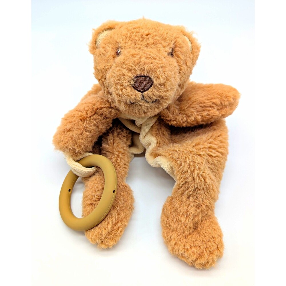 Tahari Bear Lovey Plush Security Blanket w/ Silicone Teether Ring Brown Beige